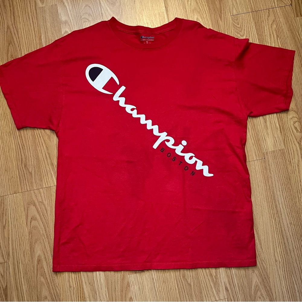 Champion Boston Big Spell Out Shirt Mens XL Red Cotton Graphic Short Sleeves Tee